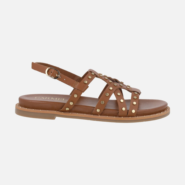 Flat leather sandals with gold studs