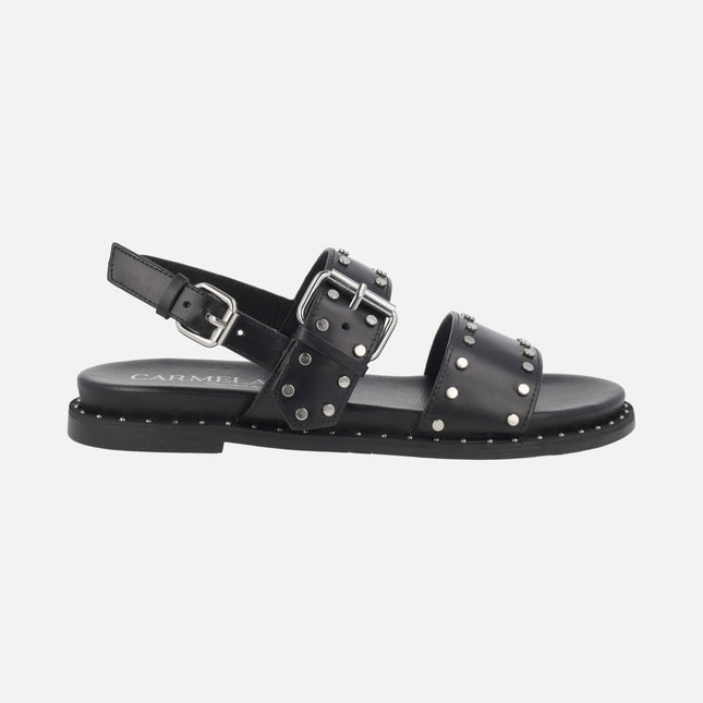 Flat leather sandals with studs and buckles
