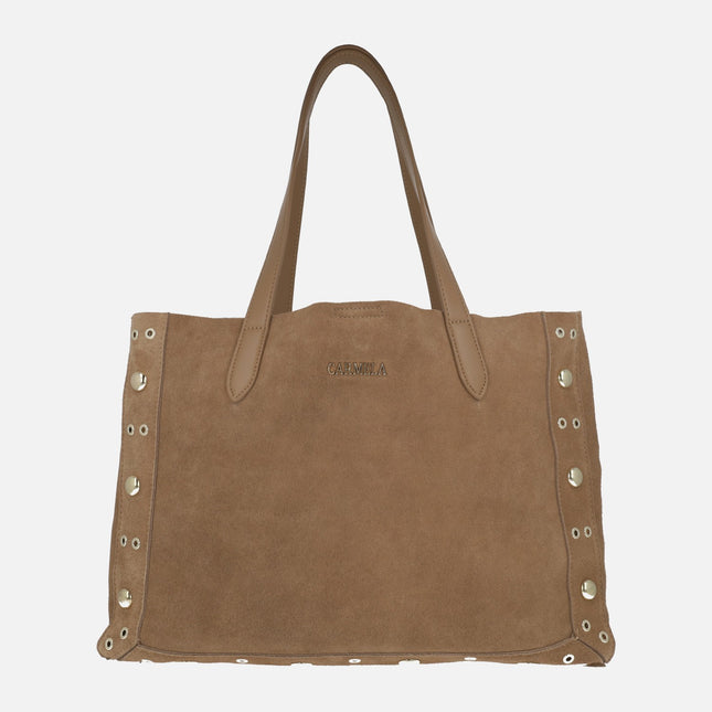 Camel suede shopping style bags with gold studs