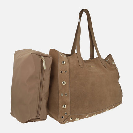 Camel suede shopping style bags with gold studs