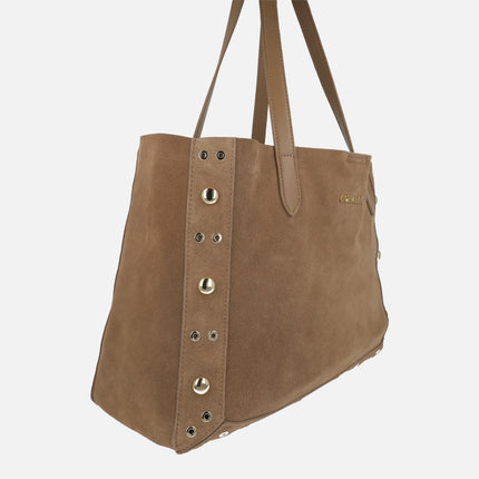 Camel suede shopping style bags with gold studs
