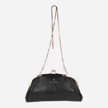 Cartera negra con cierre de boquilla y cadena dorada línea Gold