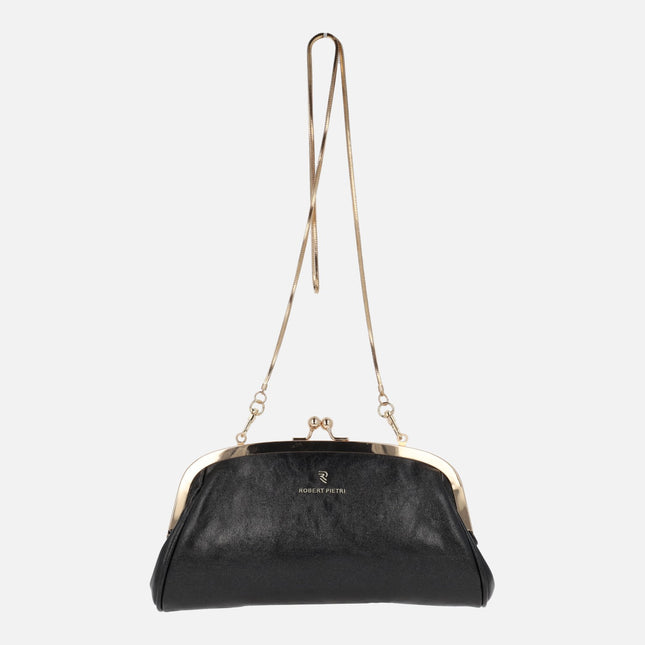 Black wallet with metallic closure and gold chain Gold line