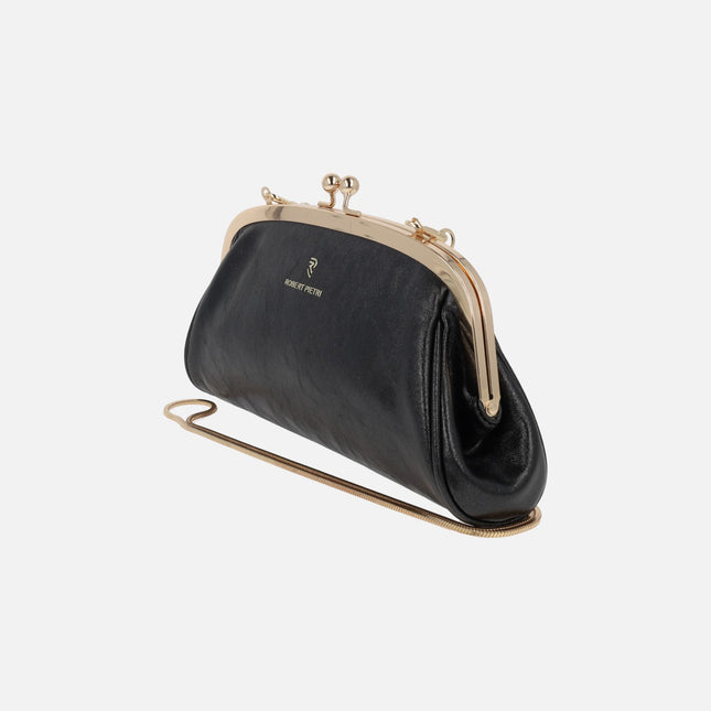 Black wallet with metallic closure and gold chain Gold line