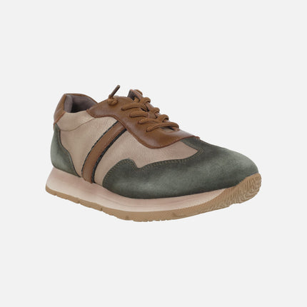 Deportivos para mujer con cordones elásticos en combinado oro verde y cuero