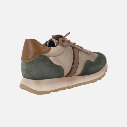 Deportivos para mujer con cordones elásticos en combinado oro verde y cuero