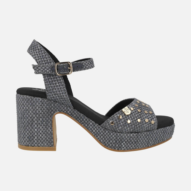 Daira black raffia heeled sandals with gold studs