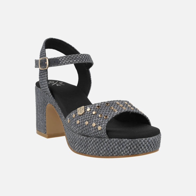 Daira black raffia heeled sandals with gold studs