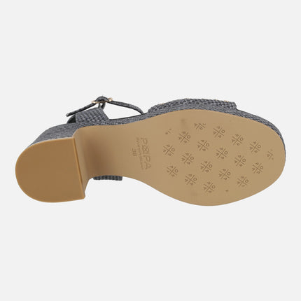 Sandalias de tacón en rafia negra con tachas doradas Daira