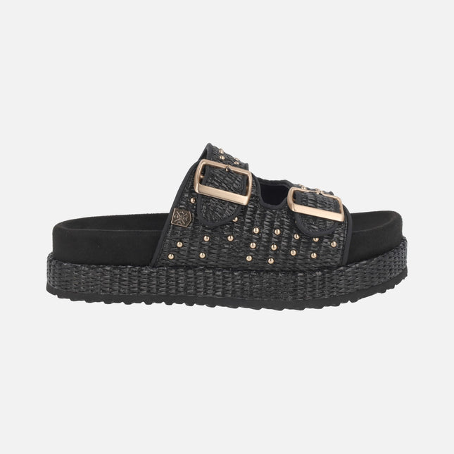 Xago platform sandals in black raffia with gold buckles and studs