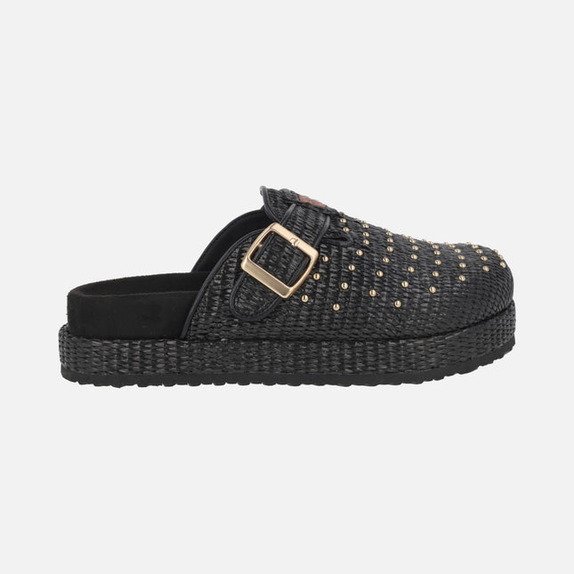 Acova platform clogs in black raffia with gold studs