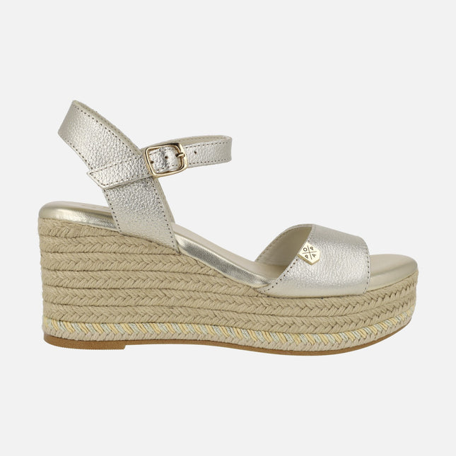 Arenal gold leather sandals with natural fiber wedge