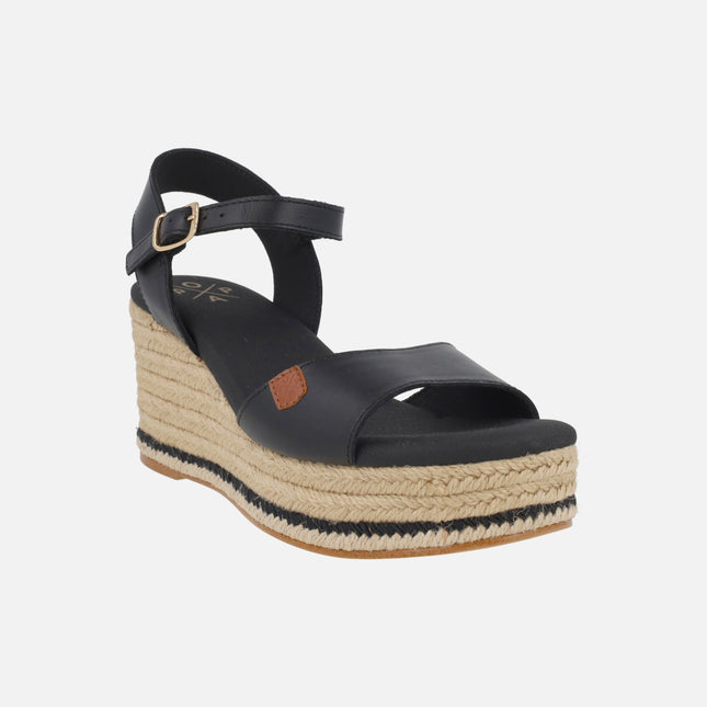 Arenal sandals in black leather with jute wedge