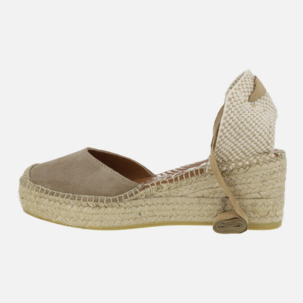 Women's espadrilles in taupe suede with ribbons to tie