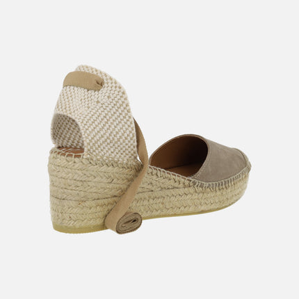 Women's espadrilles in taupe suede with ribbons to tie
