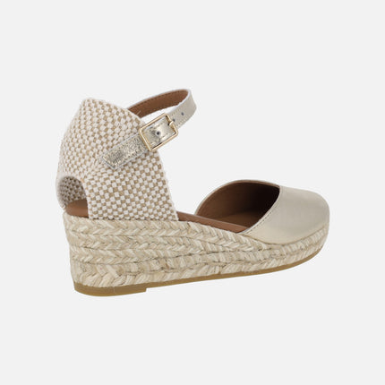 Espadrilles with medium wedge in golden leather with ankle bracelet