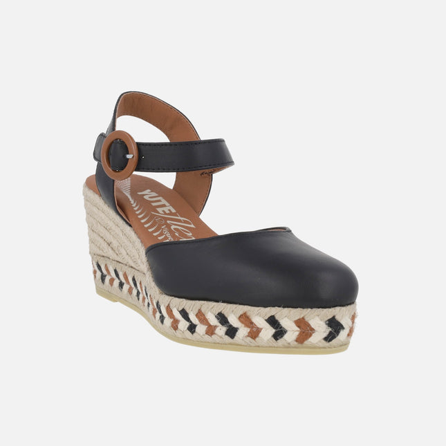 Alpargatas valencianas de piel con hebilla y cuña Yuteflex