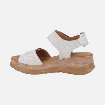 White braided-effect leather sandals with velcro closure