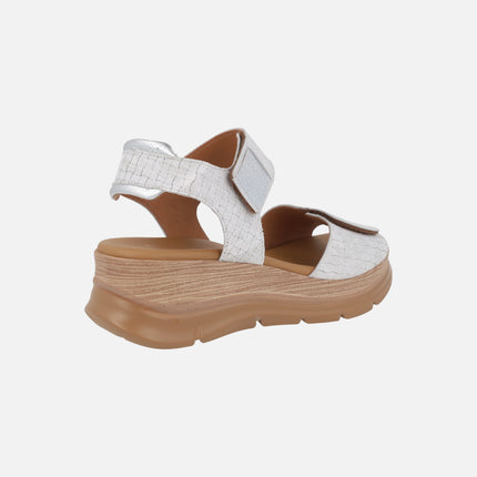 White braided-effect leather sandals with velcro closure