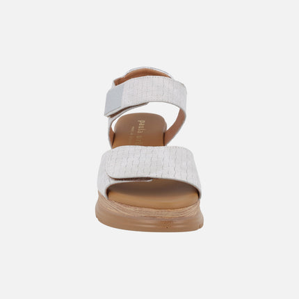 White braided-effect leather sandals with velcro closure