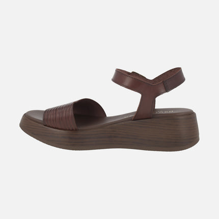 Brown leather sandals with gathered upper and ankle strap