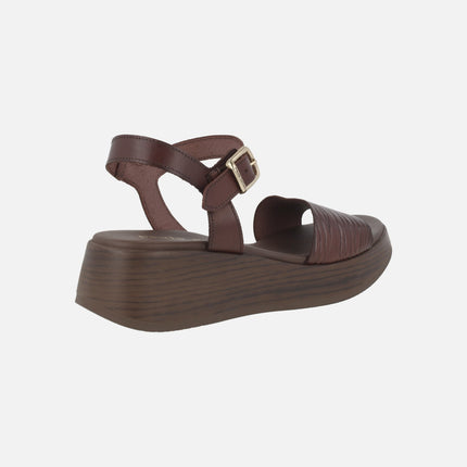 Brown leather sandals with gathered upper and ankle strap