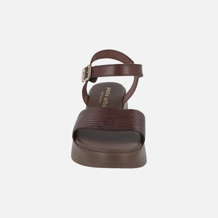 Brown leather sandals with gathered upper and ankle strap