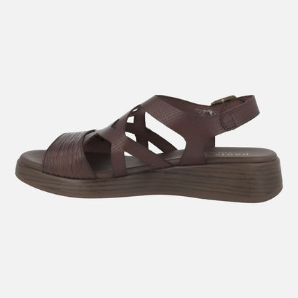 Chocolate brown leather sandals with low wedge