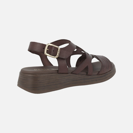 Chocolate brown leather sandals with low wedge