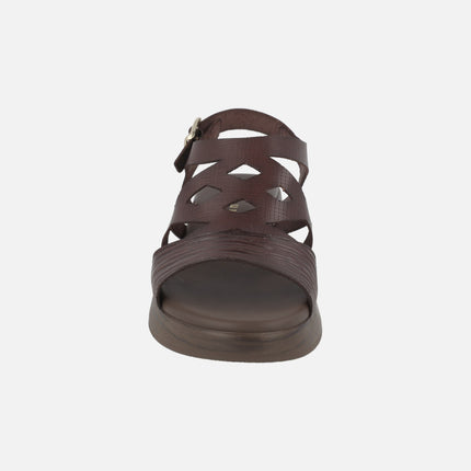 Chocolate brown leather sandals with low wedge