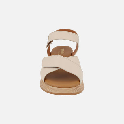 Leather sandals with low wedge and velcro closure