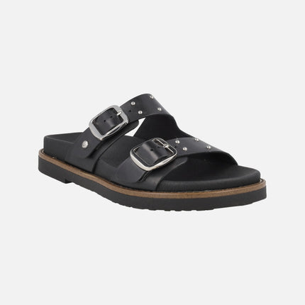 Sandalias negras de piel con tachas y hebillas Aitana