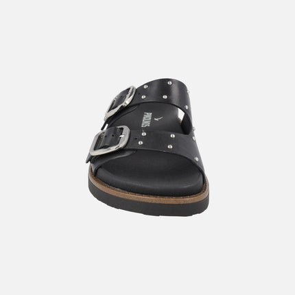 Sandalias negras de piel con tachas y hebillas Aitana