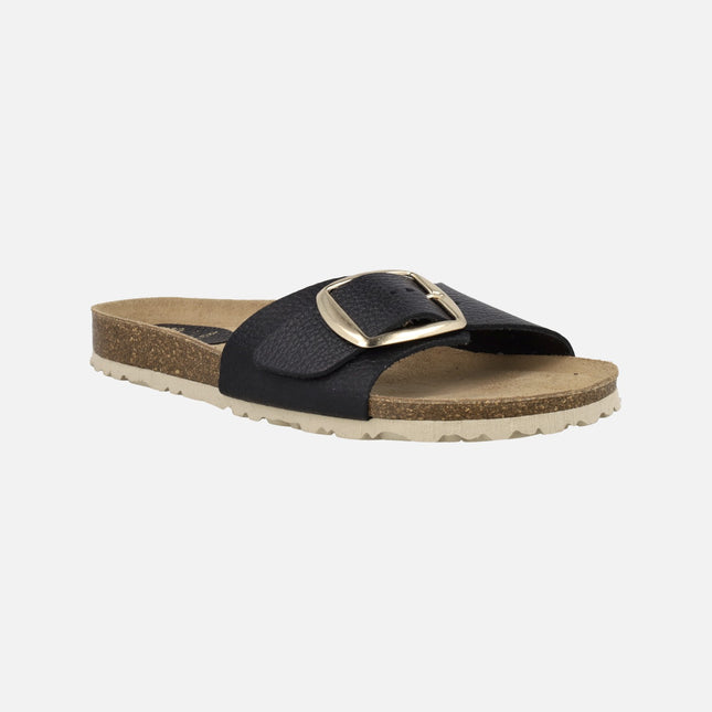 Sandalias bio estilo palas en piel negra con hebilla dorada