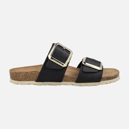 Sandalias bio en piel negra con hebillas doradas
