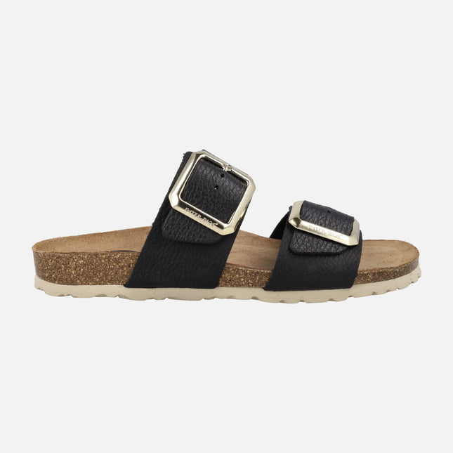 Sandalias bio en piel negra con hebillas doradas