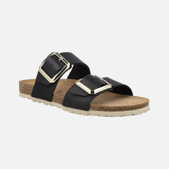 Sandalias bio en piel negra con hebillas doradas
