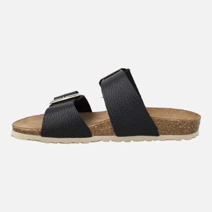 Sandalias bio en piel negra con hebillas doradas