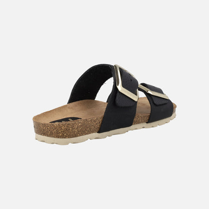Sandalias bio en piel negra con hebillas doradas