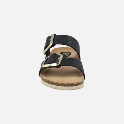 Sandalias bio en piel negra con hebillas doradas