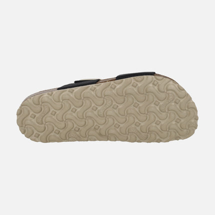 Sandalias bio en piel negra con hebillas doradas