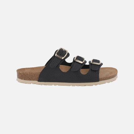 Bios sandals in black leather with 3 buckles