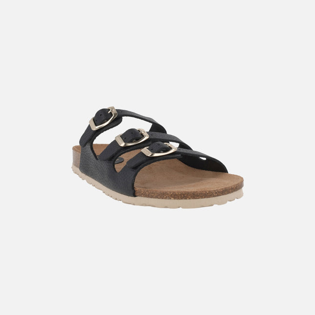 Sandalias bios en piel negra con 3 hebillas
