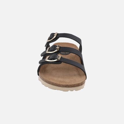 Bios sandals in black leather with 3 buckles