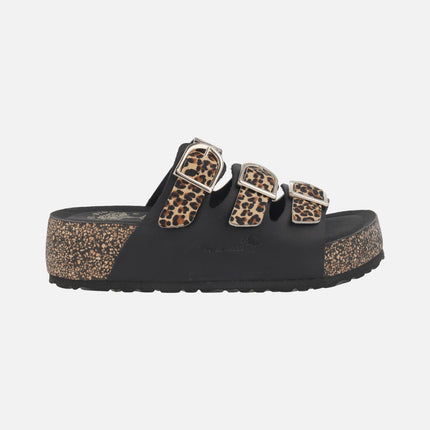 Combined bio sandals Black - leopard with 3 buckles