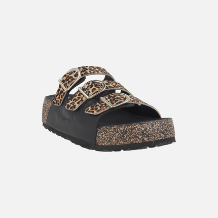 Combined bio sandals Black - leopard with 3 buckles
