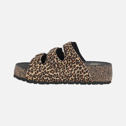 Combined bio sandals Black - leopard with 3 buckles