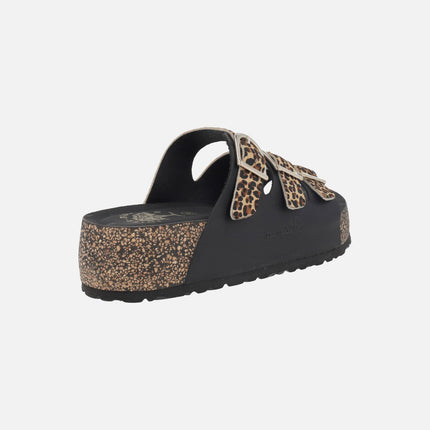 Combined bio sandals Black - leopard with 3 buckles
