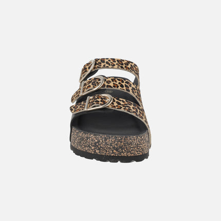 Combined bio sandals Black - leopard with 3 buckles