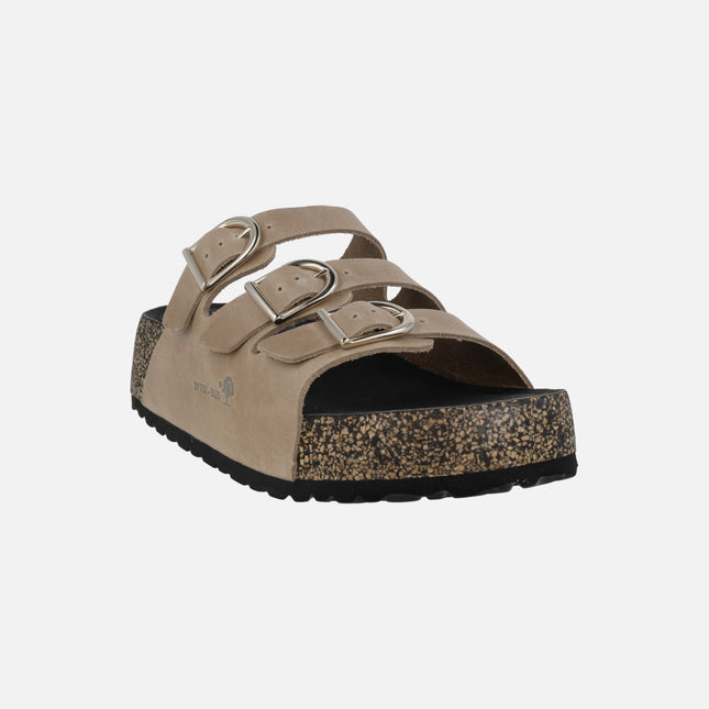 Sandalias bio de plataforma en piel beige con 3 hebillas